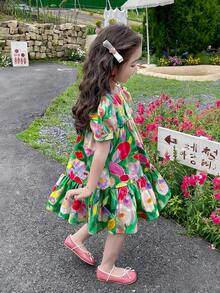 Girls' Summer Dress, Young Girl' Cute Short Sleeve Dress, New Young Girl' Summer Clothes, Loose Dress With Floral & Painting Pattern - Green - View 2