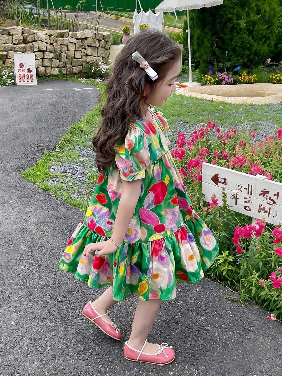 Girls' Summer Dress, Young Girl' Cute Short Sleeve Dress, New Young Girl' Summer Clothes, Loose Dress With Floral & Painting Pattern