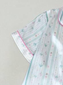 Striped Floral Heart Print Women's Satin Short Sleeve Shorts Pajama Set - Green - View 3