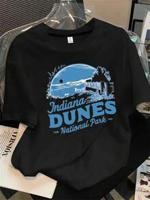 Top de mujer de manga corta y cuello redondo con estampado del logotipo del Parque Nacional Indiana Dunes, apto para todas las estaciones. - Negro - Ver 1