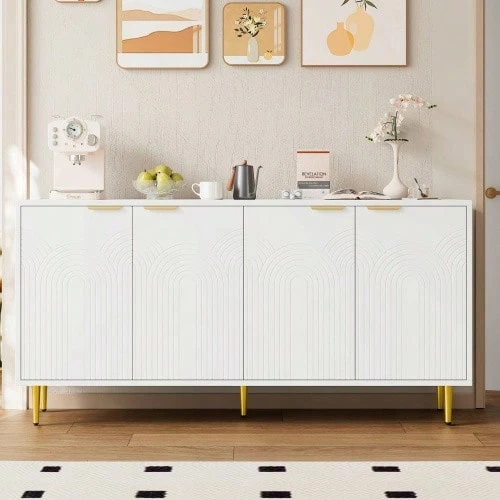 Sideboard Wohnzimmer, Kommode Mit 4 Türen Goldene Gebürstete Griffe Und Hochglanz Tischbeine Komodenschrank, White, Mass 160*80*40 Cm (B*H*T)(OLD Sku N657P28217172W) - View 1