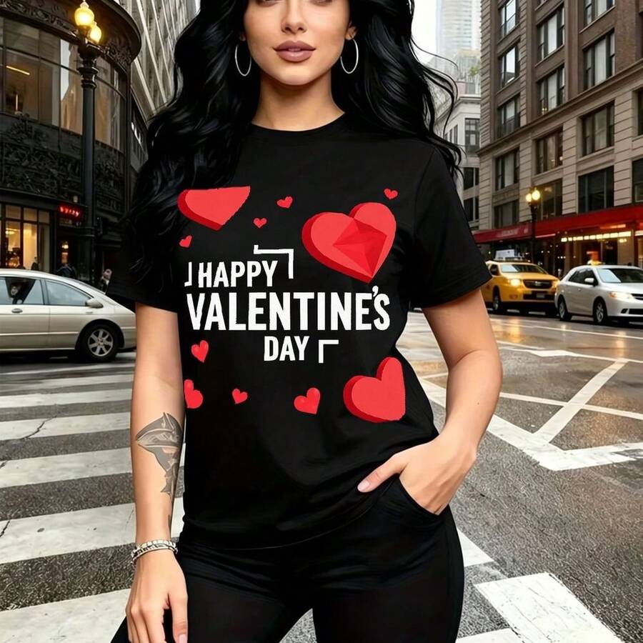 Camiseta de mujer con estampado festivo "I HAPPY VALENTINE'S DAY" y corazones rojos sobre fondo urbano - diseño casual de manga corta con ajuste cómodo y moderno, ideal para pasear por la ciudad o celebrar el amor - regalo perfecto para mamá, esposa, - Negro - Ver 1