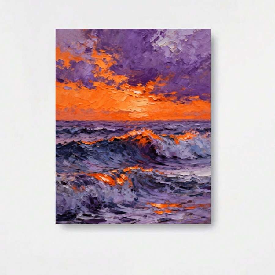 Cuadro abstracto moderno al óleo con atardecer y olas del océano, ideal para salas de estar, dormitorios, pasillos, estudios y oficinas. Esta obra de arte de alta calidad, pintada a mano en lienzo, presenta un gradiente de naranja y púrpura. - Enmarcado - Ver 1