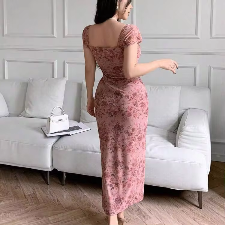 WNS  Vestido ajustado con estampado floral casual para mujeres, vestidos casuales para cumpleaños, ropa de mujer, vestidos de verano para el trabajo, vestido de graduación, vestidos elegantes para mujeres - Rosa - Añade 7