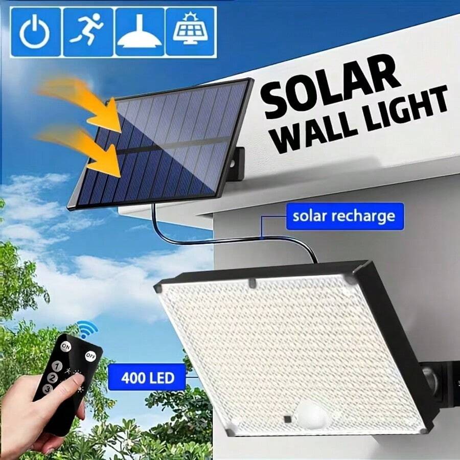 400LED Outdoor Solar Wall Light, With Motion Sensor Lighting, LED Cool White Solar Floodlight, IP65, High Brightness Solar Street Light, Larger Solar Panel, Easy To Install, Super Bright, Auto ON/OFF, For Porch, Courtyard, Garage, Fence, Path