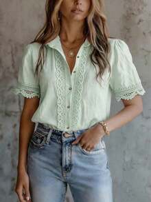 Elegant Women's Solid Color Embroidered Lace Patchwork Blouse, Versatile For Home, Daily Wear, All Seasons Summer - Light Green - View 3