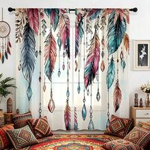 2PCS Bohemian Feather Decorative Sheer Curtains, Modern Art Design Suitable For Kitchen, Living Room, Bedroom, Balcony, Suitable For Halloween, Christmas And Other Holiday Decorations, Machine Washable All Season Home Decoration, Lightweight And Durable Fabric, Creating A Festive Atmosphere For Sheer Curtains, Essential For Interior Design, Suitable For All Seasons, Decorative Sheer Curtains - Multicolor - View 1