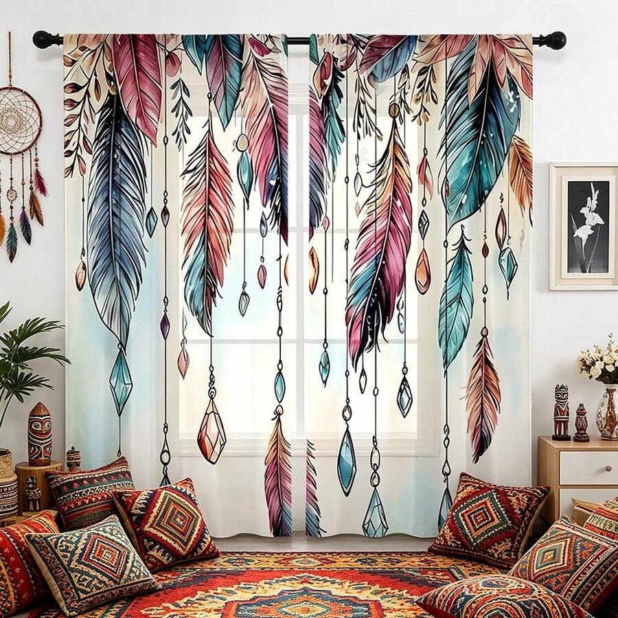 2PCS Bohemian Feather Decorative Sheer Curtains, Modern Art Design Suitable For Kitchen, Living Room, Bedroom, Balcony, Suitable For Halloween, Christmas And Other Holiday Decorations, Machine Washable All Season Home Decoration, Lightweight And Durable Fabric, Creating A Festive Atmosphere For Sheer Curtains, Essential For Interior Design, Suitable For All Seasons, Decorative Sheer Curtains - Multicolor - View 1