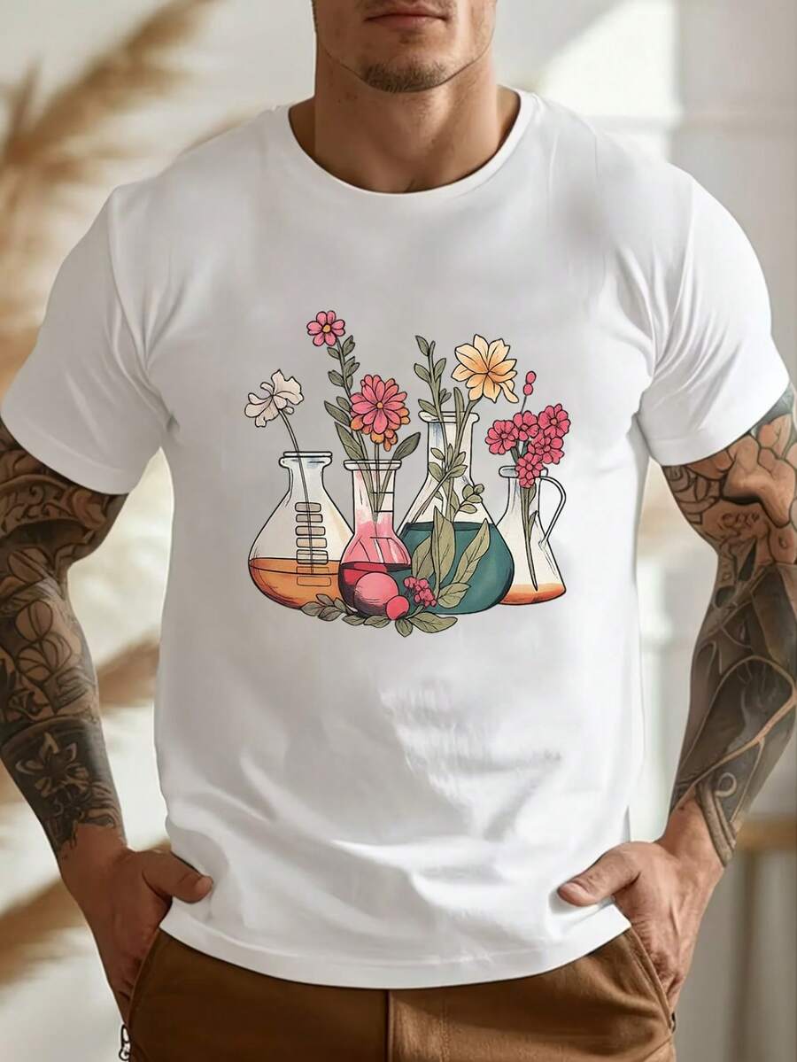 Men's Pure Cotton Short Sleeve T-Shirt Crew Neck Casual Graphic Print Tee with Vintage Floral Glassware Design, Breathable Soft Fabric, Ideal Christmas Gift for Him, Father's Day Present, Birthday Gift for Men, European Style Daily Wear, Summer Fashion Top, Comfortable Loose Fit,  Botanical Pattern Tshirt for Men's Holiday Outfits, Suitable for Casual Occasions, Lightweight and Skin-Friendly - Weiss - Übersicht 1