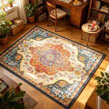 1pc Red Blue White Color Block Retro Bohemian Pattern Crystal Velvet Rug, Thickened Carpet, Thick Rug, Fuzzy Carpet, Autumn Winter Carpet, Thickened Carpet, Decorative Rug, Bedroom Decor, Small Rug, Carpet, Home Decor, Living Room Carpet, Living Room Small Rug, Bedroom Carpet, Living Room Home Decor, Outdoor Carpet, Washable Carpet - Multicolor - View 5