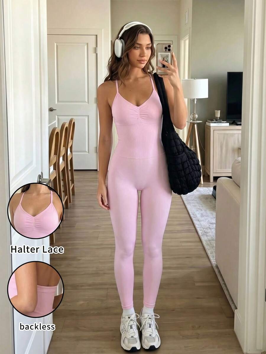 Women's Ribbed High Neck Yoga Jumpsuit, Front Ruched Design, Open Back, Butt Lifting Tummy Control Seamless Athletic Jumpsuit Summer Pink - Pink - View 1
