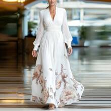 Long Spring Dress With Tulle Overlay, French-Style Fitted Cut, Versatile Print - White - View 7