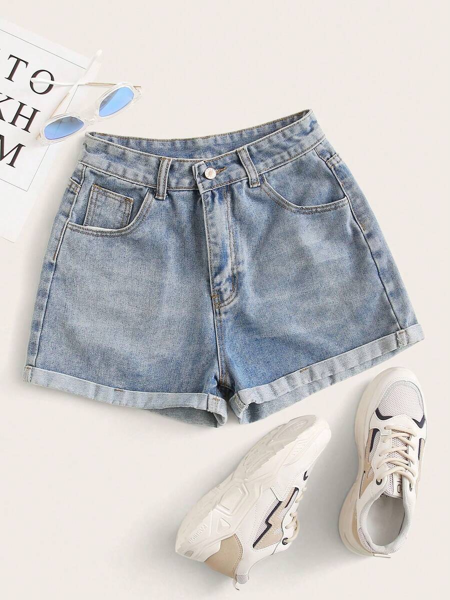 High-Waisted Rolled-Up Denim Shorts For Summer - Blue - View 1