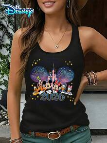 Autorización oficial de Disney | Chaleco casual de cuello redondo sin mangas para mujer. Con el tema de las vacaciones familiares de Disney en 2026, acompañado de castillos, fuegos artificiales y retratos de personajes, es tanto soñador como sanador. Es un artículo atmosférico para viajes a parques temáticos y una opción ideal para registrar momentos de cuentos de hadas. - Negro - Ver 1