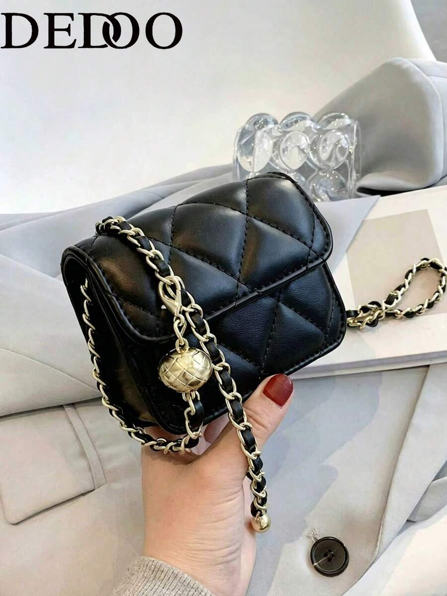 Dedoo Popular Spring/Summer Premium Quality Mini Lipstick Bag, Chain Shoulder Strap, Can Be Carried On Shoulder Or Underarm - Black - View 1