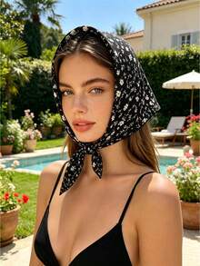 1 pieza Bufanda triangular con flecos, con silueta floral y de hojas multicolor romántica, de moda para primavera/verano, vacaciones, picnic, estilismo - Beis - Ver 2