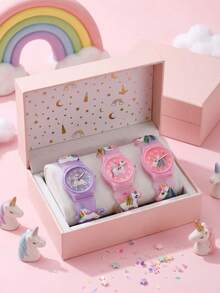 3pcs/Set Unicorn Cartoon Wrist Watches For Teens, Silicone Band, No Gift Box, Ideal For Back To School, Vacation & Daily Holiday Wear - Multicolor - View 2