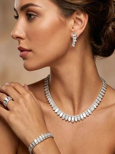 4pcs Luxury Jewelry Set: Necklace, Earrings, Ring, Bracelet With Cubic Zirconia, Middle East Export Bridal Jewelry Set, Valentine's Day Gift