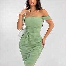 WNS  PETITE Vestido verde de hombros descubiertos para vacaciones de primavera, ropa barata de verano, vestido de verano, vestido de primavera, vestido pastel, vestido de playa para mujer, vestido largo de playa, vestido de verano - Blanco - Ver 5