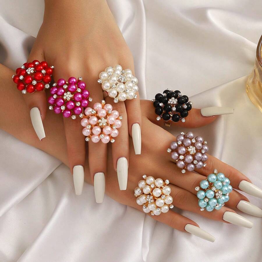 1 Peça Anel de Flor Ajustável Exagerado e Fashionable com Pérola e Diamante - 8427 Pérola Multicolorida - Visão 1