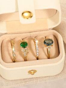 4pcs Cubic Zirconia Stone Ring Set With Gift Box, Suitable For Women, Applicable For Wedding, Engagement, Anniversary Party, Jewelry Valentine's Day Gift - 1# - View 3