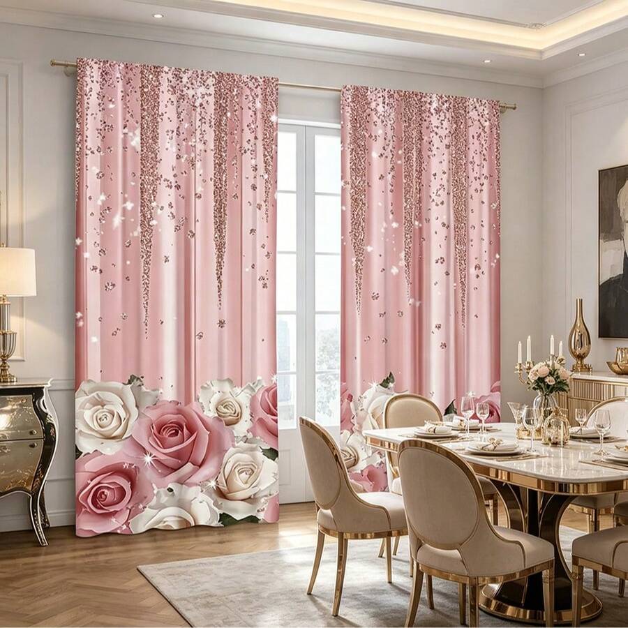 2pcs/Set Shiny Pink Rose Pattern Printed Curtains, With Rod, Privacy Protection, Easy Installation, Suitable For Living Room, Kitchen, Cafe, Restaurant, Balcony, All Seasons, Decorative Curtains - Multicolor - View 1