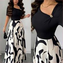 WNS  Elenzya Vestido de línea A con cintura ceñida, cuello en V, con patrón abstracto en blanco y negro y decoración de hebilla de metal, elegante para uso diario, vacaciones, viajes, San Valentín, citas, ropa de calle, fiestas, principios de primavera/primavera-verano - Verde Oscuro - Ver 2