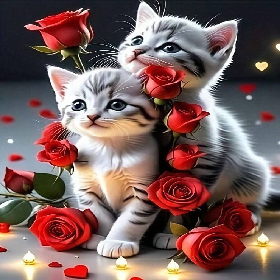 1pc 30x40cm 5D Full Round Drill Diamond Painting Kit, Cute Kittens With Red Roses Pattern, DIY Handmade Wall Art Decor For Adults