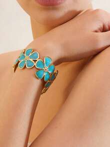 VceTd 1pc Fashion Sweet Vacation Style Multi-Color Drip Oil Enamel Flower Stamen Design Women's Bracelet For Daily Wear/Holiday Gift - Yellow Gold - View 7