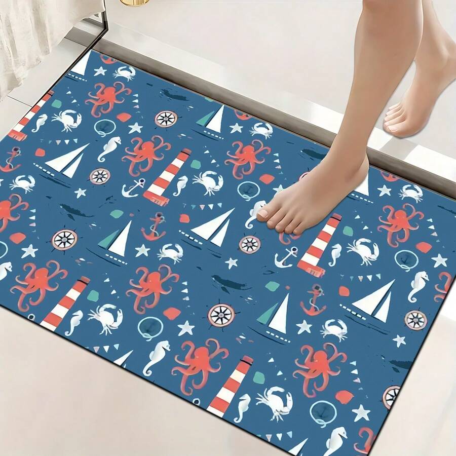 1 pieza, Decoración del hogar, Estampado de patrón náutico, Alfombra de barro de diatomeas, Fácil de limpiar, Impresión 3D rectangular, Adecuada para entrada, sala de estar, cocina, dormitorio, pasillo, baño, lavandería - Alfombra de poliéster, Adecuada para decoración del hogar interior y exterior - Multicolor - Ver 1
