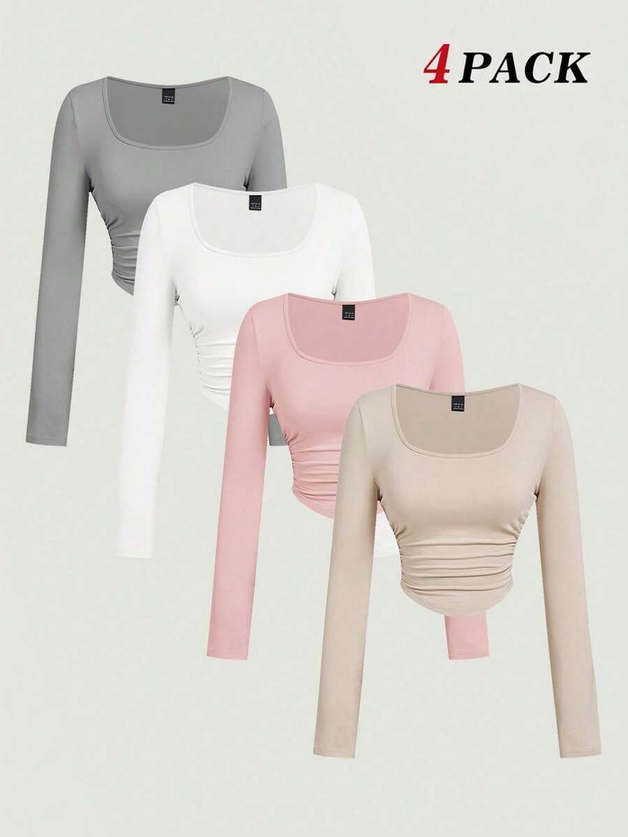 MOD 3 piezas Conjunto de camisetas de manga larga con cuello cuadrado y pliegues para mujer, ropa de abrigo, otoño, blusas para salir, vacaciones, blusa marrón - Multicolor - Ver 1