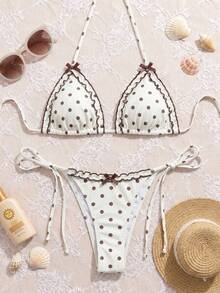 Women's Cute Polka Dot Print Bow Decor Ruffle Design Contrast Color Swimwear Set, Suitable For Summer Beach Vacation, Cute Backless Tie-Up Design, Beach Striped Dot Bow Tie Vacation Beach - Multicolor - View 6