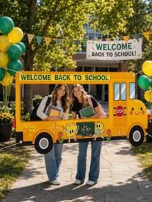 School Bus Themed Back To School Photo Frame, Durable Polyester Photo Background Fabric, With Photo Cutouts And "Welcome Back To School" Lettering, Foldable Campus Outdoor Activity Photo Frame, Student Welcome Party, First Day Of School, Back To School Party, Classroom Photography, Back To School Celebration, Campus Event Decoration. - School Bus - View 2