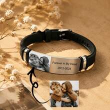 Customized Name & Photo Bracelet, Couple Matching Bangle, Engraved Photo & Text Stainless Steel Jewelry Gift For Him/Her, Personalized Stainless Steel ID Bangle, Customized Jewelry Gift For Boyfriend/Girlfriend Couple, Valentine's Day Accessory, Back To School Gift, Father's Day Gift - Multicolor - View 9