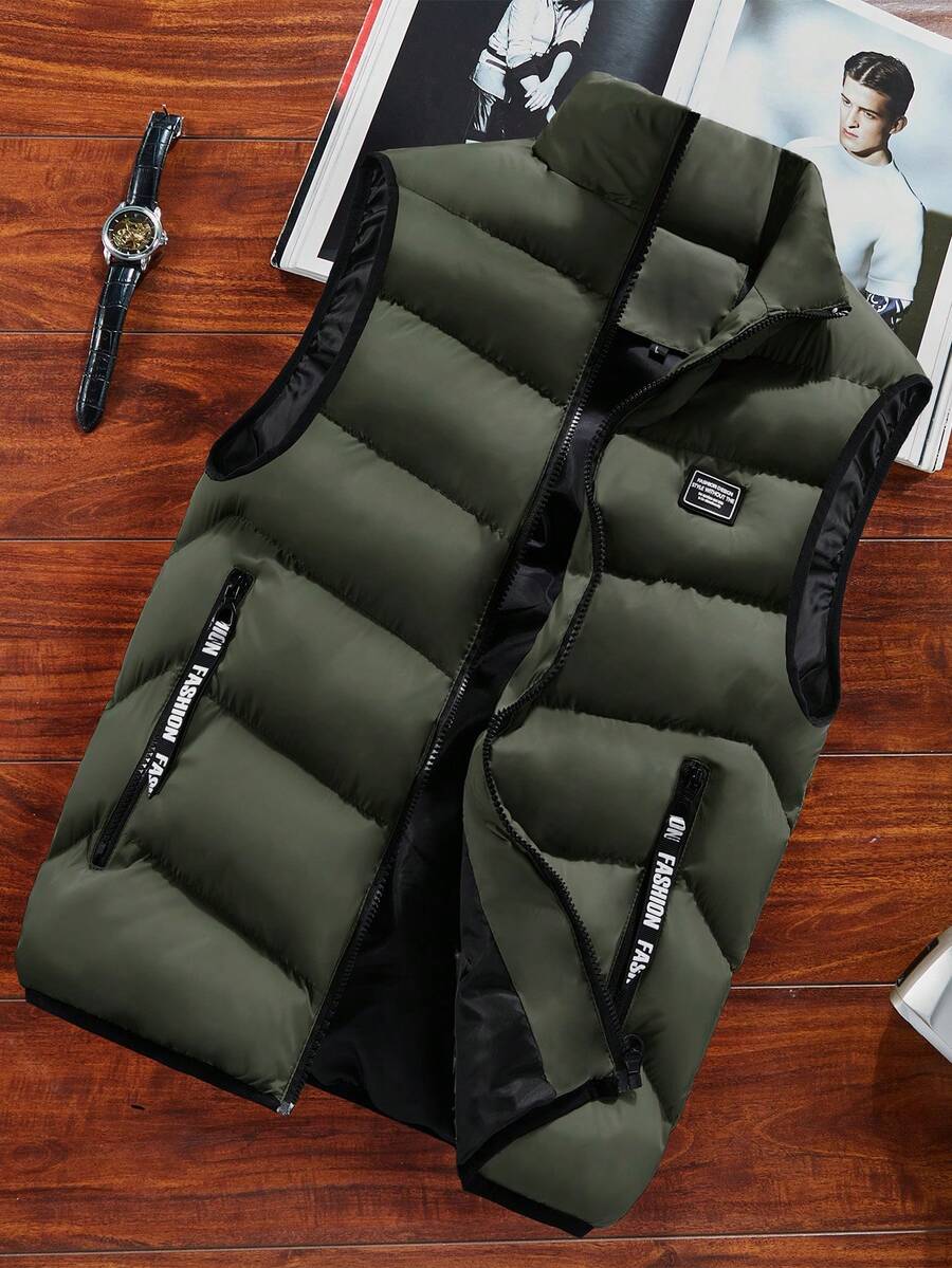 Men's Padded Puffer Vest, Zip Up Sleeveless Jacket, Lightweight Outdoor Layer, Autumn Winter - Army Green - View 1