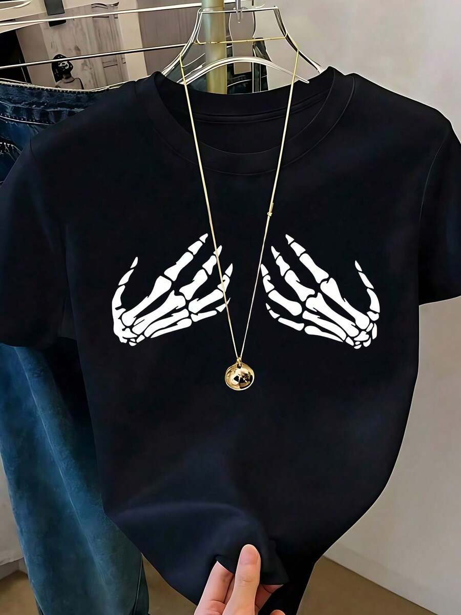 Women's White T-Shirt With Skeleton Hand Print On Chest, Casual Short Sleeve Gothic And Aesthetic Style T-Shirt, Soft And Breathable Fashionable Alternative Modern Top - 黑色 - 查看 1
