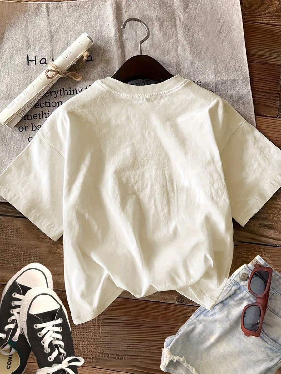 Cute Y2K Summer Top. 1pac. Cute Y2K Summer Top. 100% Cotton Graphic Print T-Shirt, Short Sleeve, Crew Neck, Casual Top For Summer And Spring, Women's Clothing. Perfect For A Casual Look. - 黑色 - 查看 1