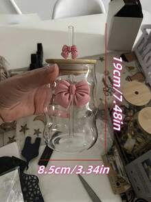 1 pieza Botella de agua de vidrio brillante con rayas onduladas y exquisita decoración de lazo, tapa y pajita. Adecuada para leche del desayuno, té de la tarde y café. Excelente equipo de camping, elegante regalo para maestros, amistad y Día de San Valentín, regalo para ella - Multicolor - Ver 7