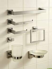 1 pieza Juego de accesorios de baño de acero inoxidable - Toallero, Anillo para toalla, Portarrollos de papel higiénico, Gancho para bata, Fácil instalación - Plateado - Ver 11