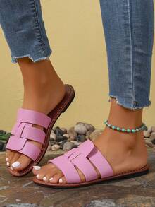 Women's Korean Style Casual Flat Sandals & Slippers, Summer Outdoor Open Toe Woven Roman Sandals, Spring/Summer New Fashion French Style Flat Shoes For Skirts, Beach, Apartment, And Outings - Pink - View 3