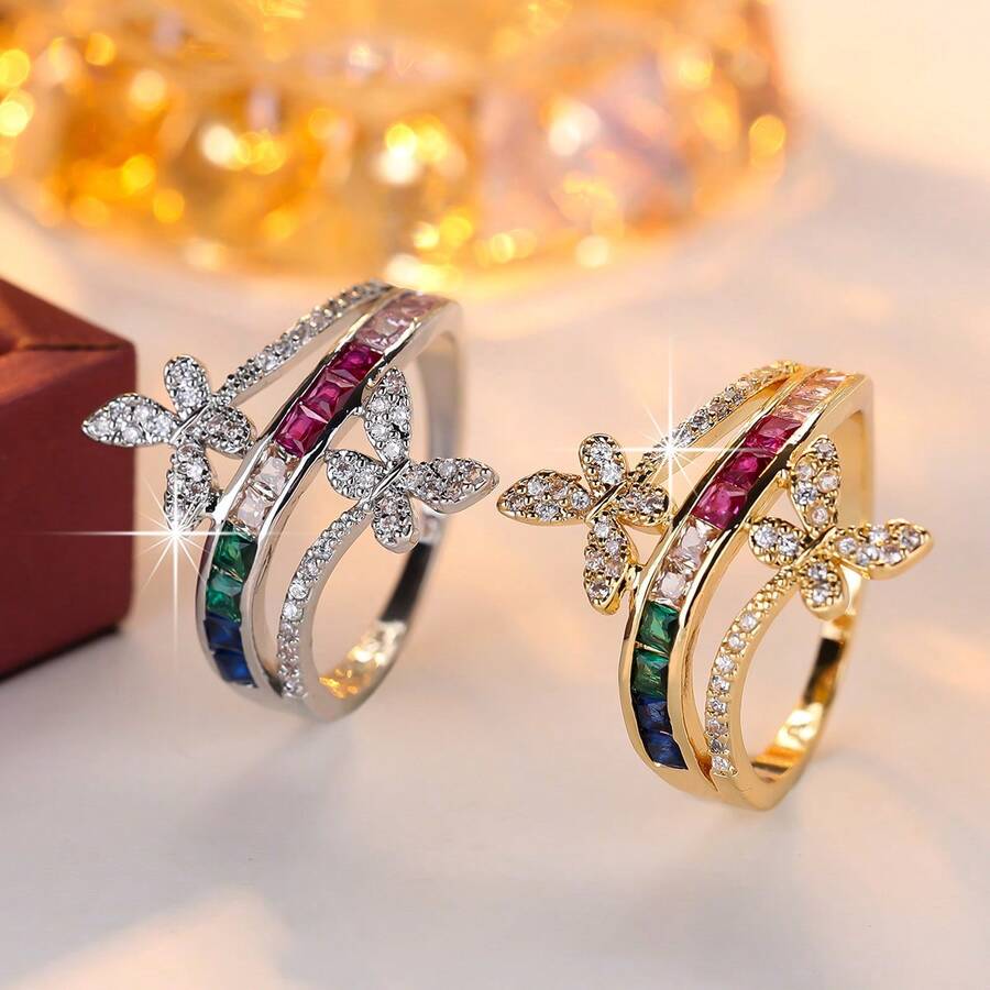 1pc Elegant Design Double Butterfly Colorful Zirconia Ring For Women, Recommended For Party, Vacation And Travel - Ring - View 1