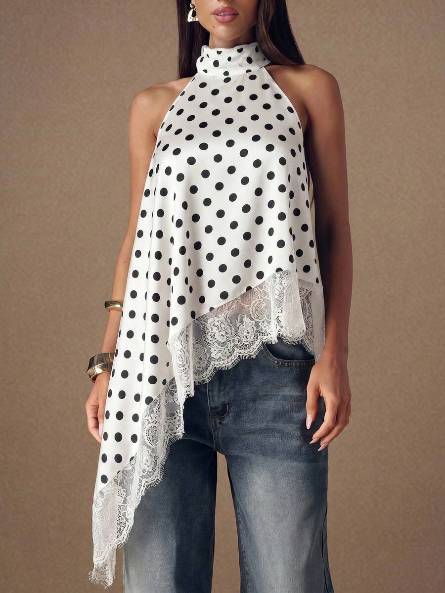 Top de satén con parches de encaje y espalda descubierta, elegante y apropiado para fiestas, cócteles, ocasiones formales, Navidad y vestimenta casual de negocios - Blanco - Ver 1