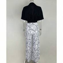 Conjunto blusa y pantalón ancho primavera, cuello V con estampado - Negro - Ver 5