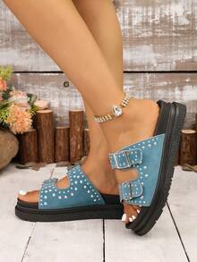 Sandalias de mujer con suela gruesa cómoda, con una correa y remaches, zapatos casuales de playa para vacaciones de verano - Azul - Ver 3