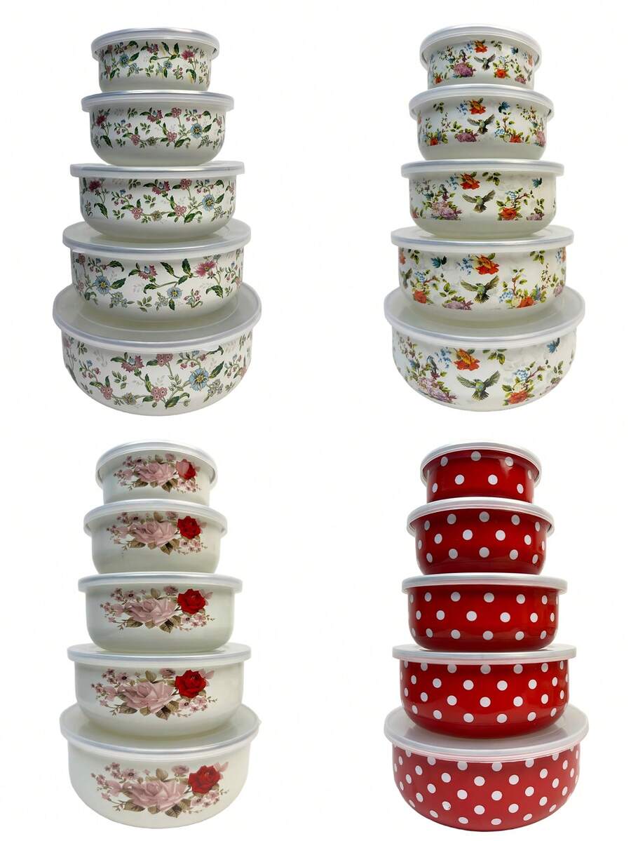 Set 5 Mangkuk Enamel Multifungsi, Cocok untuk Sayuran, Buah-buahan, Salad, dan Persiapan Oatmeal, Cocok untuk Dapur Rumah, Berkemah di Luar Ruangan, Dapat Disimpan di Kulkas sebagai Mangkuk Penjaga Kesegaran, Mangkuk Penyimpanan yang Dapat Ditumpuk dengan Tutup, Hadiah Kembali ke Sekolah - View 1