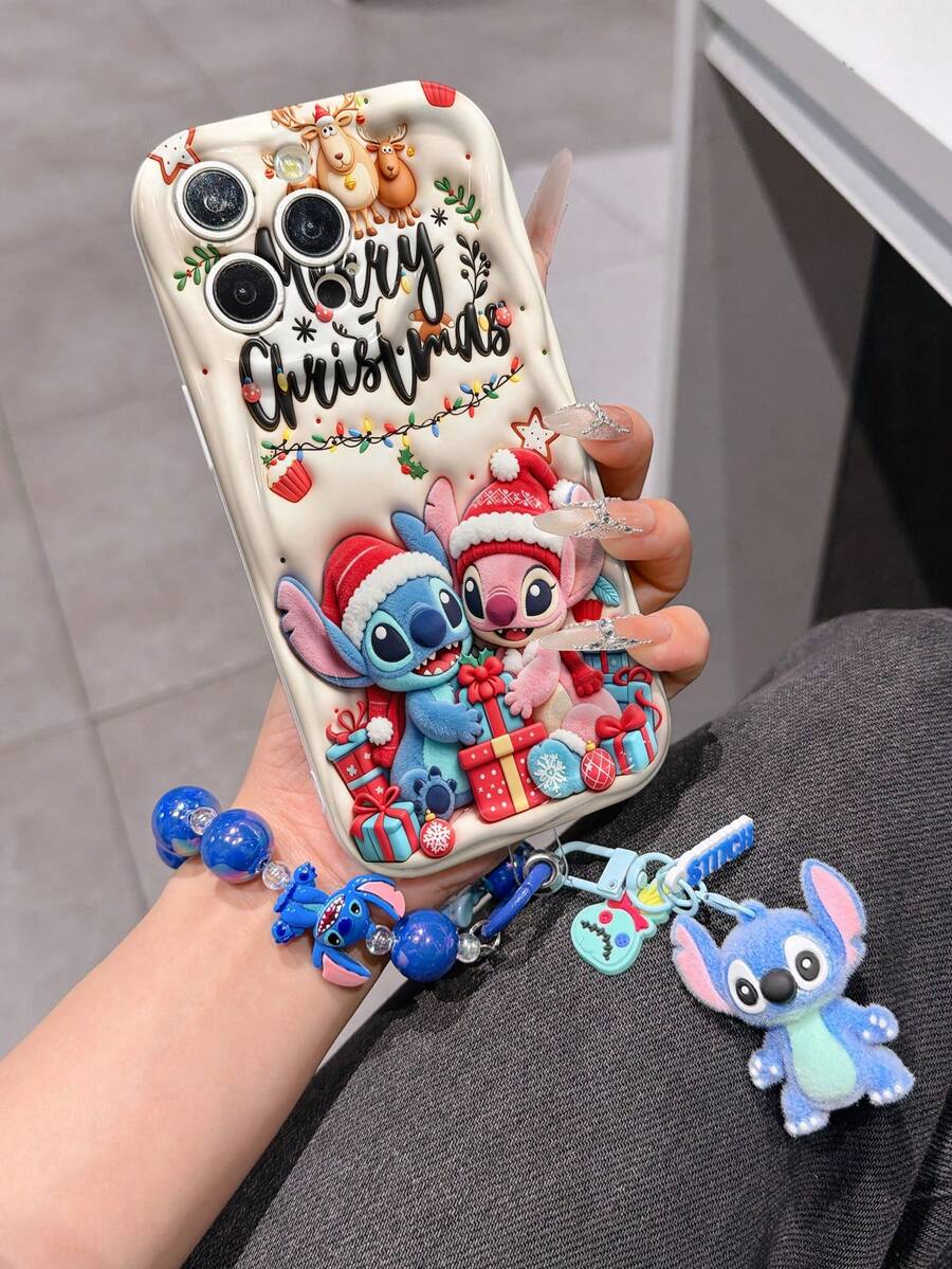 Disney Has Authorized, Phone Case - Chain Set, The Stitch Lilo & Stitch 3D Phone Case Plus A Silicone 3D Stitch Bracelet With Metallic Ring Removable Bracelet, Stitch And Angel Pattern, Compatible With Iphone17/16/15/14/13/12/11/XS/XR/X Plus Pro Max, A Stylish Cartoon Phone Case, The Perfect Gift Choice, Phone Protection, Durable Phone Cover, Great Gift For Friends And Family. - 白色 - 查看 1