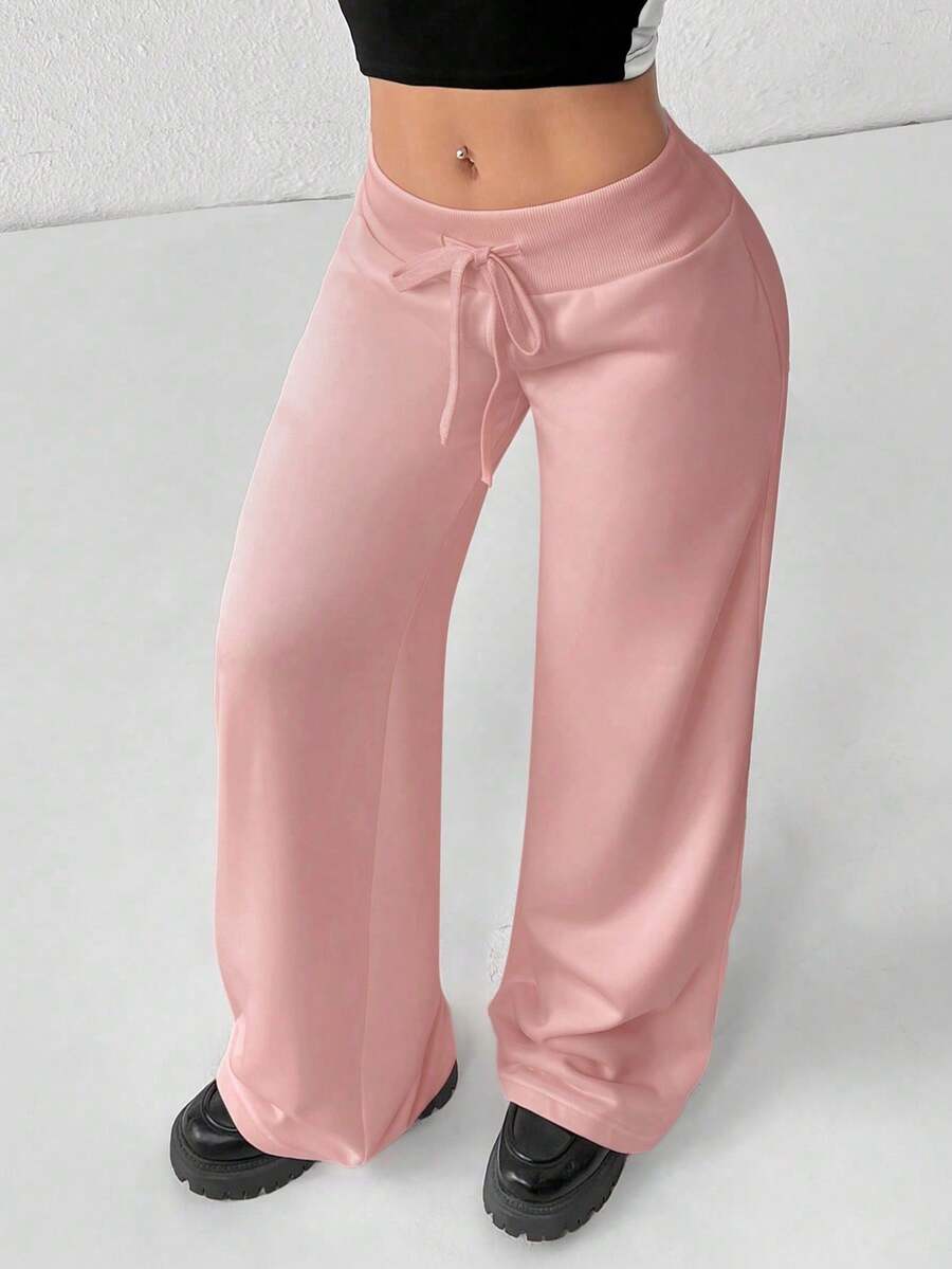 PETITE Pantalones de chándal cómodos y casuales de punto llano con cintura baja y pierna ancha para mujer - Rosa Pálido - Ver 1