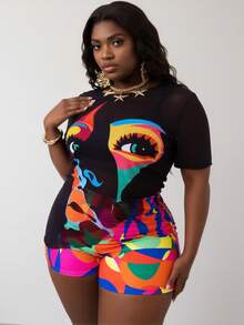 2026 Summer New Arrival Women's Plus Size 1XL-4XL 2 Piece Tankini Swimsuit Short Sleeve Sheer Mesh Top Abstract Face Art Print Colorful Geometric Pattern Tummy Control Full Coverage Modest Bathing Suit With Boy Shorts For Curvy Women Beach Vacation Pool Party Cruise Travel - 黑色 - 查看 4