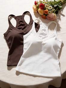 2pcs/Set Atasan Tank Camisole Musim Panas Wanita, Slim Fit, Warna Polos, Gaya Dasar dengan Cup Berbantalan, Pakaian Dalam Tank - MultiWarna - View 3