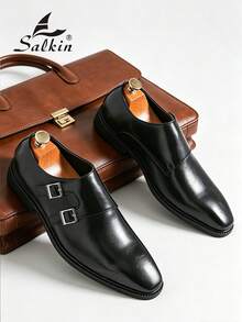 Salkin 复古设计师男士僧侣搭扣尖头一脚蹬乐福鞋，优雅绅士正装鞋，适合中年人、年轻人、学生、返校季、毕业典礼、办公室、商务场合、派对、婚礼、新郎、春夏秋季穿着，尺码齐全。 - 黑色 - 查看 6